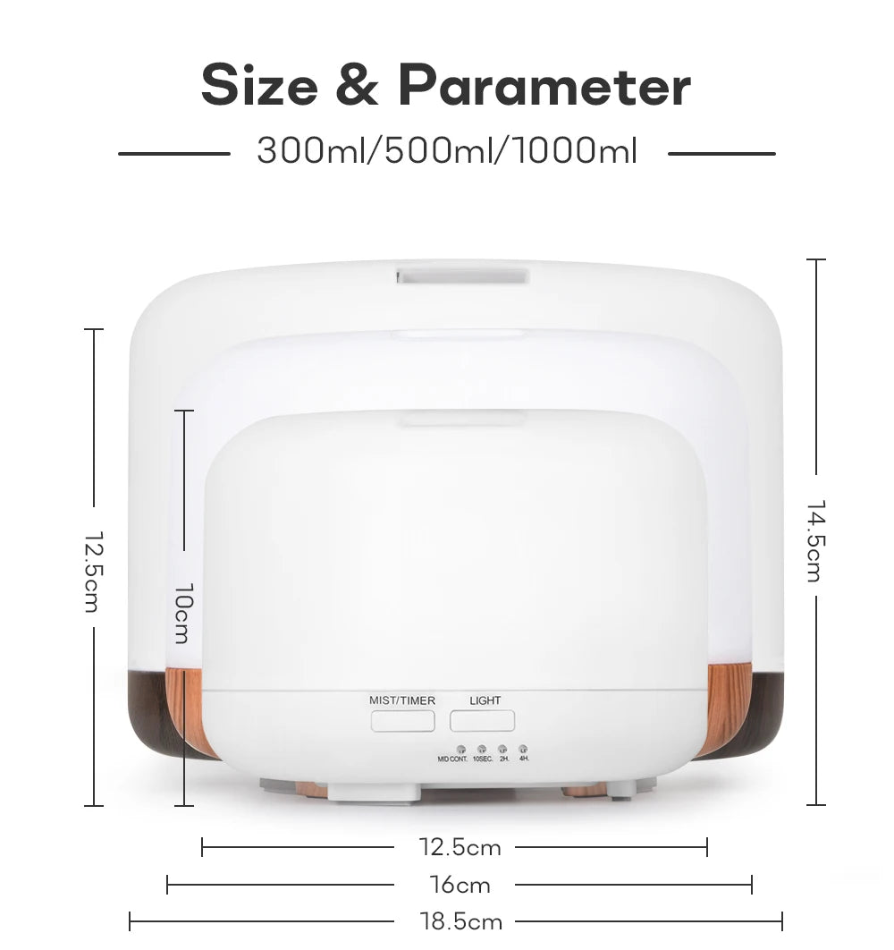 Ultrasonic Essential Oil Diffuser & Humidifier (300/500/1000ml)