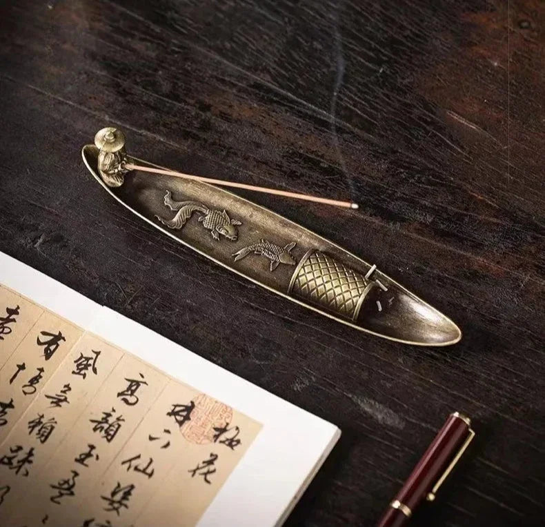 Japanese Style Boat Incense Holder with Fishing Man