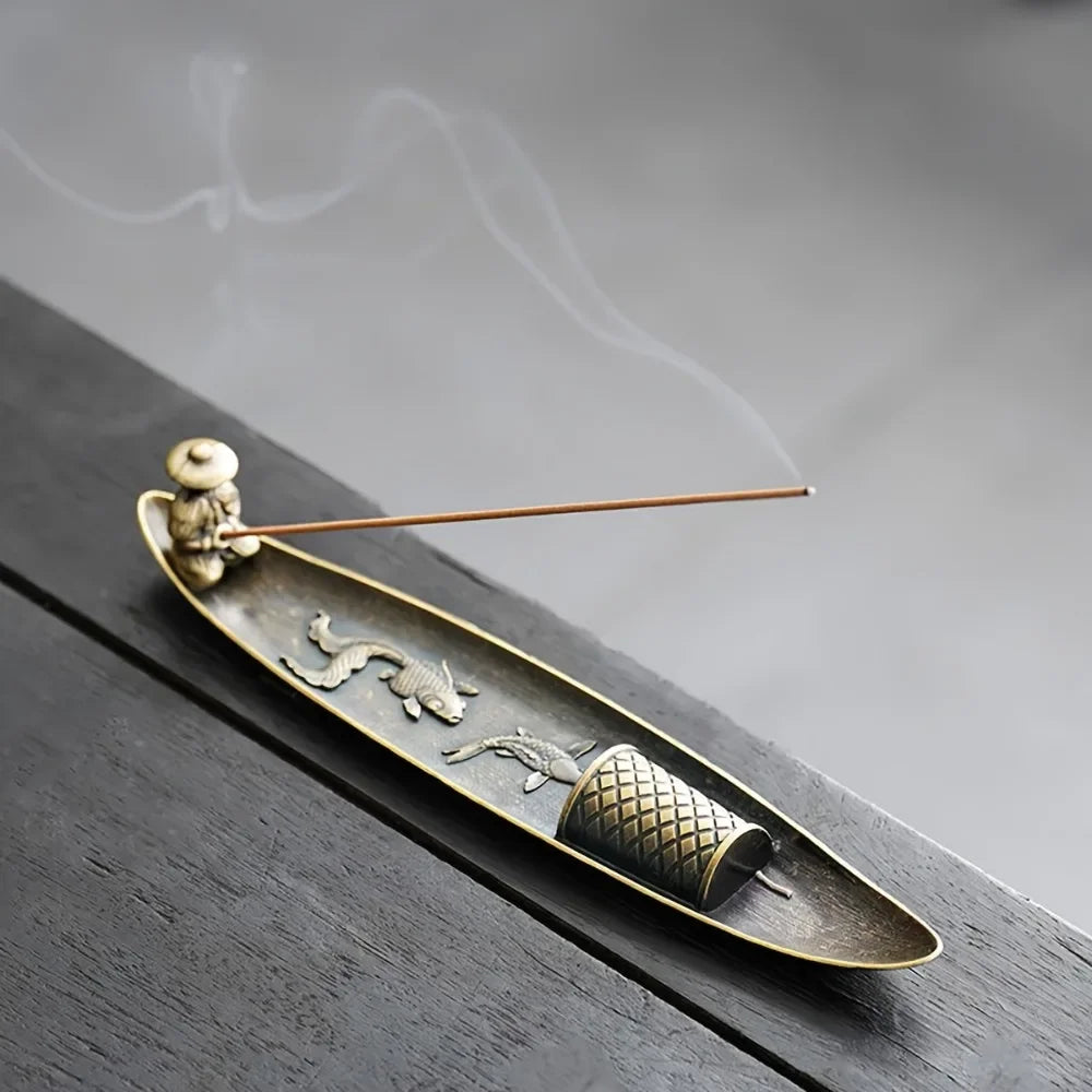 Japanese Style Boat Incense Holder with Fishing Man