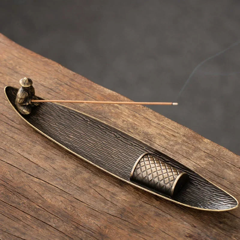Japanese Style Boat Incense Holder with Fishing Man