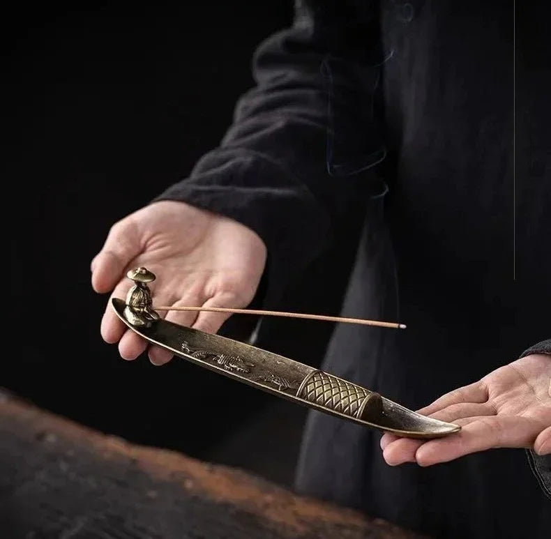 Japanese Style Boat Incense Holder with Fishing Man