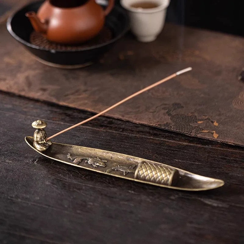 Japanese Style Boat Incense Holder with Fishing Man