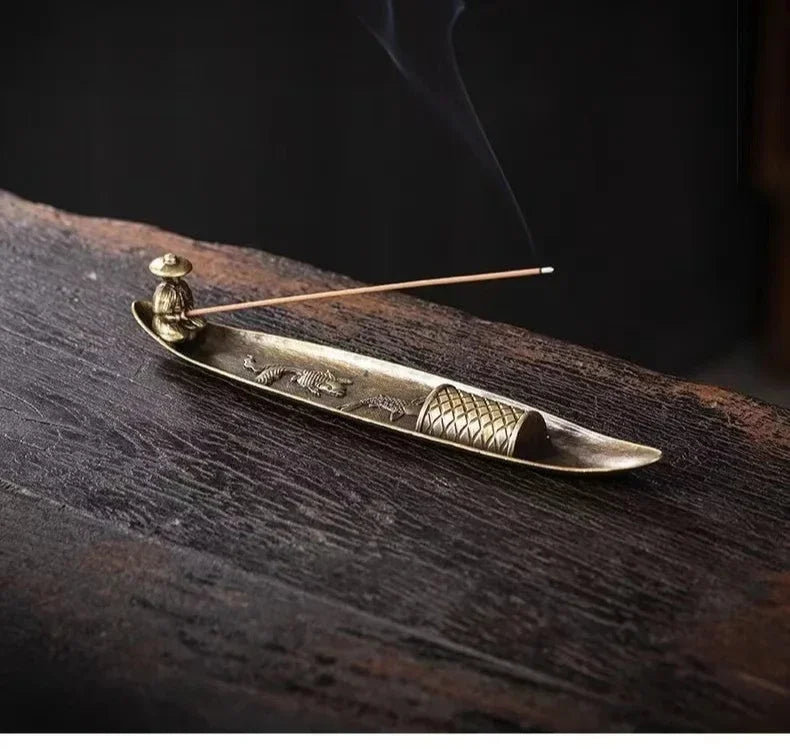 Japanese Style Boat Incense Holder with Fishing Man