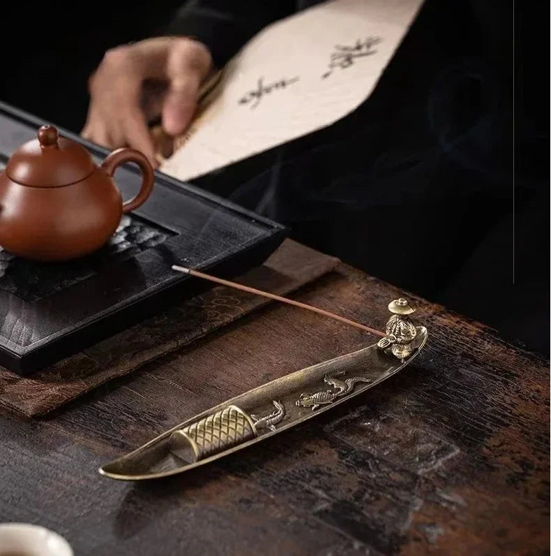 Japanese Style Boat Incense Holder with Fishing Man